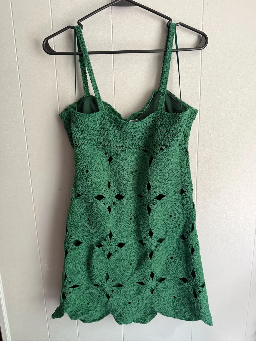 Vici Emerald Green Crochet Scallop-Hem Mini Dress